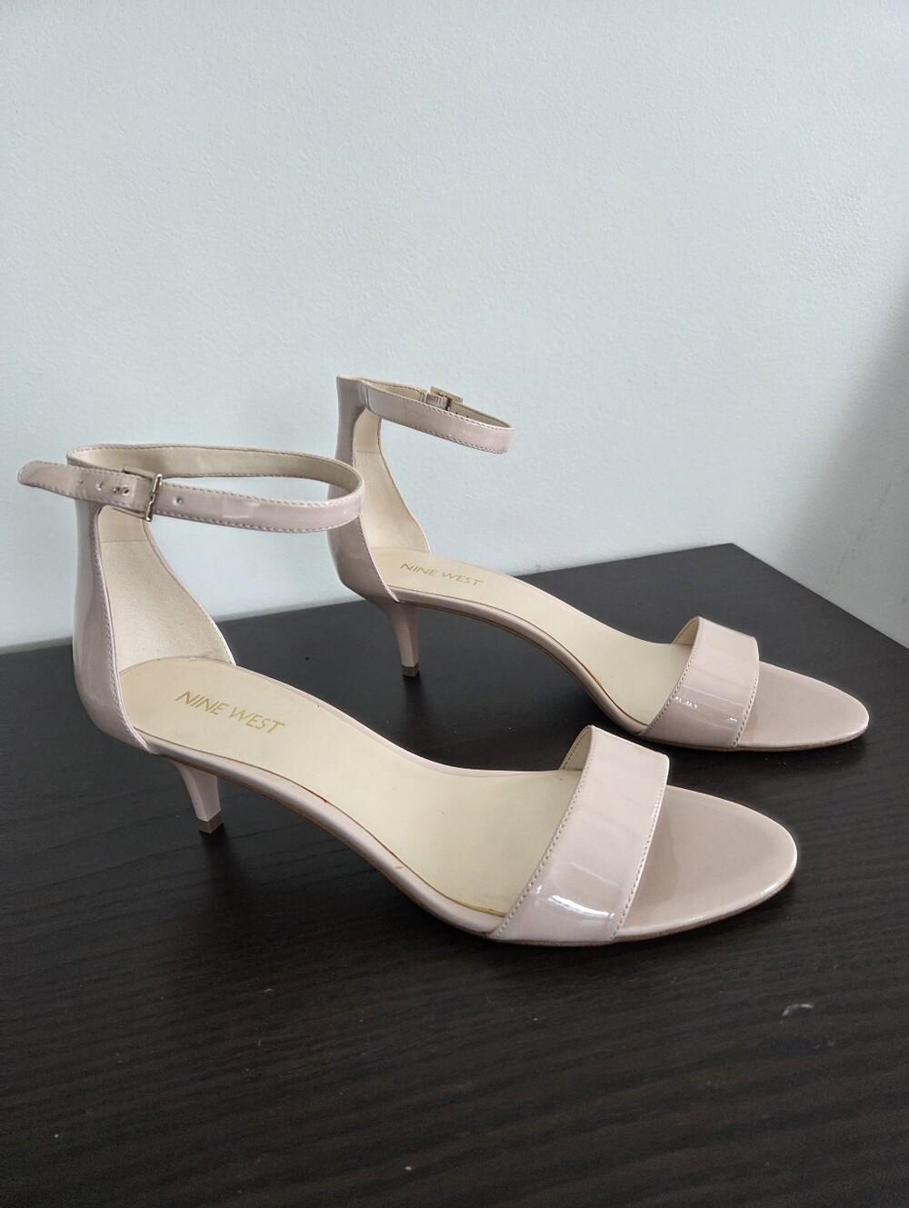 Nine West Blush Patent Ankle-Strap Kitten Heel Sandals